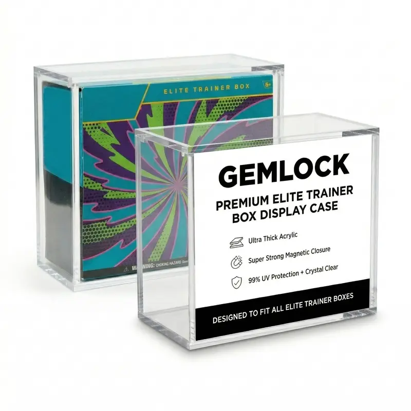 GemLock Elite TrainerBox / Booster Box Clear Acrylic case for ETB 8mm + 5mm Thick Premium Acrylic Protector Case for Collectors, UV 99.9% Proof, Stackable Design