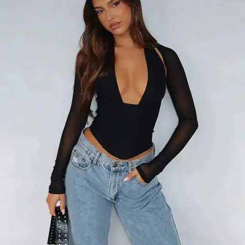 Deep V Backless Two-Piece Set, Elegant Slim-Fit Knitted Tank Vest & Long Sleeve Crop Top, Fall & Winter Women's Fashion Clothing