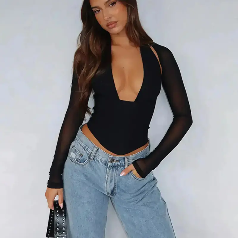 Deep V Backless Two-Piece Set, Elegant Slim-Fit Knitted Tank Vest & Long Sleeve Crop Top, Fall & Winter Women's Fashion Clothing
