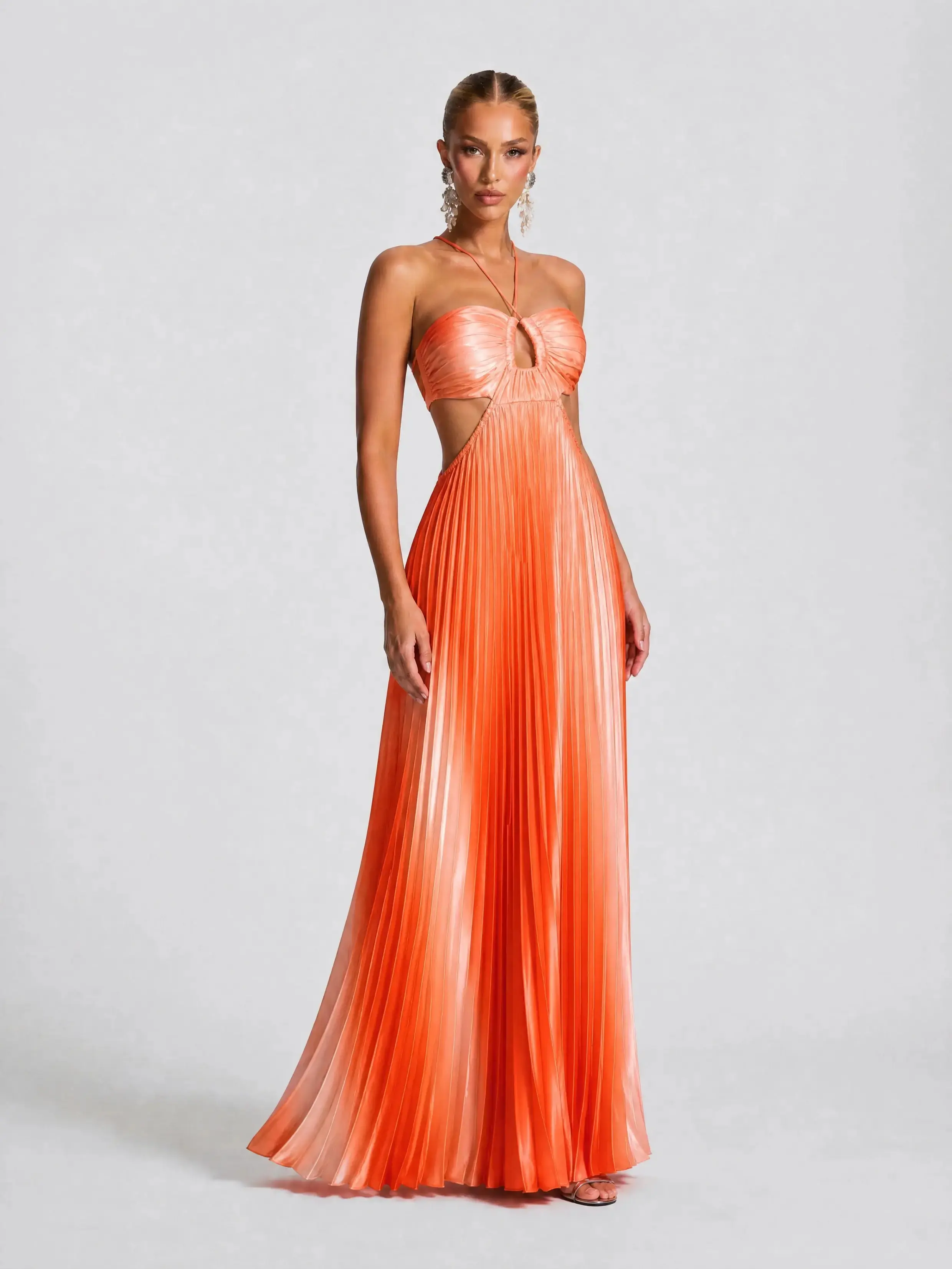 LikeMyChoice 2026 Halter Cutout Ombre Pleated Maxi Dress - Satin Party Vacation Gown