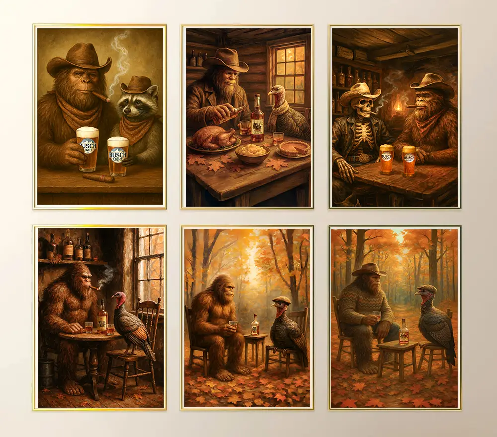 Bigfoot, Turkey & Raccoon light one up and pop a brew print, Vintage Animal Poster, Funky Western Wall Art, Cabin Cave Decor, Gift for Hunters Framele