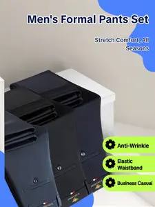 Men's Loose Straight Leg Elastic Formal Pants, 3 Piece Set, Anti-Wrinkle Comfortable Business Casual Trousers for All Seasons, Casual Fitted Trousers