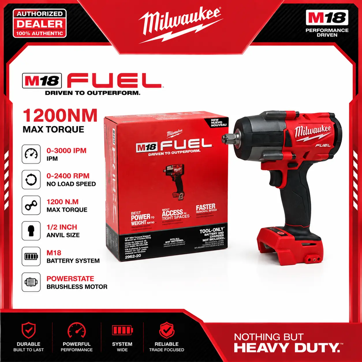 Milwaukee M18 FUEL 2962-20 18V Brushless Cordless High Torque Impact Wrench, 1/2" Drive, 1200 Nm Torque, LED Light, Lug Nut Remover for Car & SUV Repair m 18