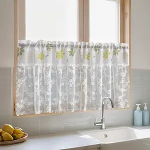Country Style Shamrock Kitchen Curtain 1 Panel with Floral Embroidery & Patchwork Lace coffee pattern Magnetic Door Insulated  Short rod pocket valance dishwasher langsir bidai blackout sheer Ring brocade blind langsir hook rod gradient cabinet