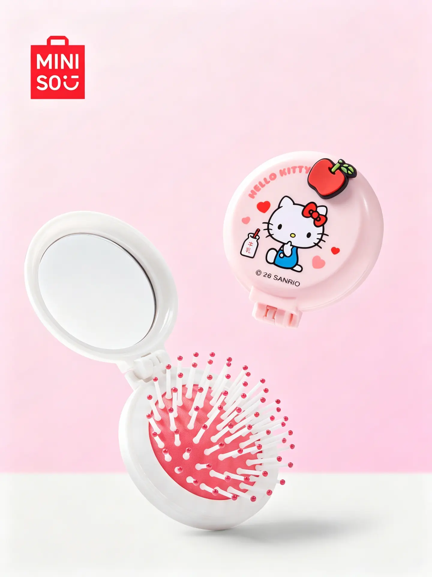 MINISO HK Folding Comb & Mirror 2-in-1 Set, Cute Portable Compact Hair Comb with Mirror, Mini Lightweight Travel Accessory, Sweet Cartoon Design, Exquisite Daily Makeup Tool, Ideal Portable Beauty Gift for Girls and Daily Outdoor Use