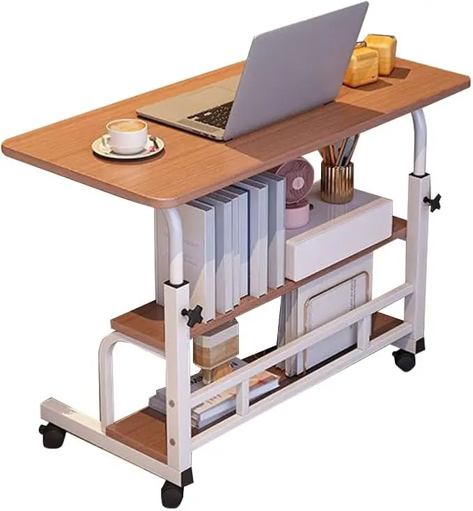 Adjustable Height Mobile Student Computer Desk with Wheels, 3-Tier Storage, Portable Office Furniture for 150 lbs Load, Study Space, Bedroom & Rest Room Small Corner Work Game Areas