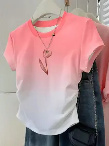 Gradient Tulip Print T-Shirt, Side Ruched Slim Fit Short Sleeve Top, Women's Fashion Essential, Daily/summer Wear, Sweet Fresh Style
