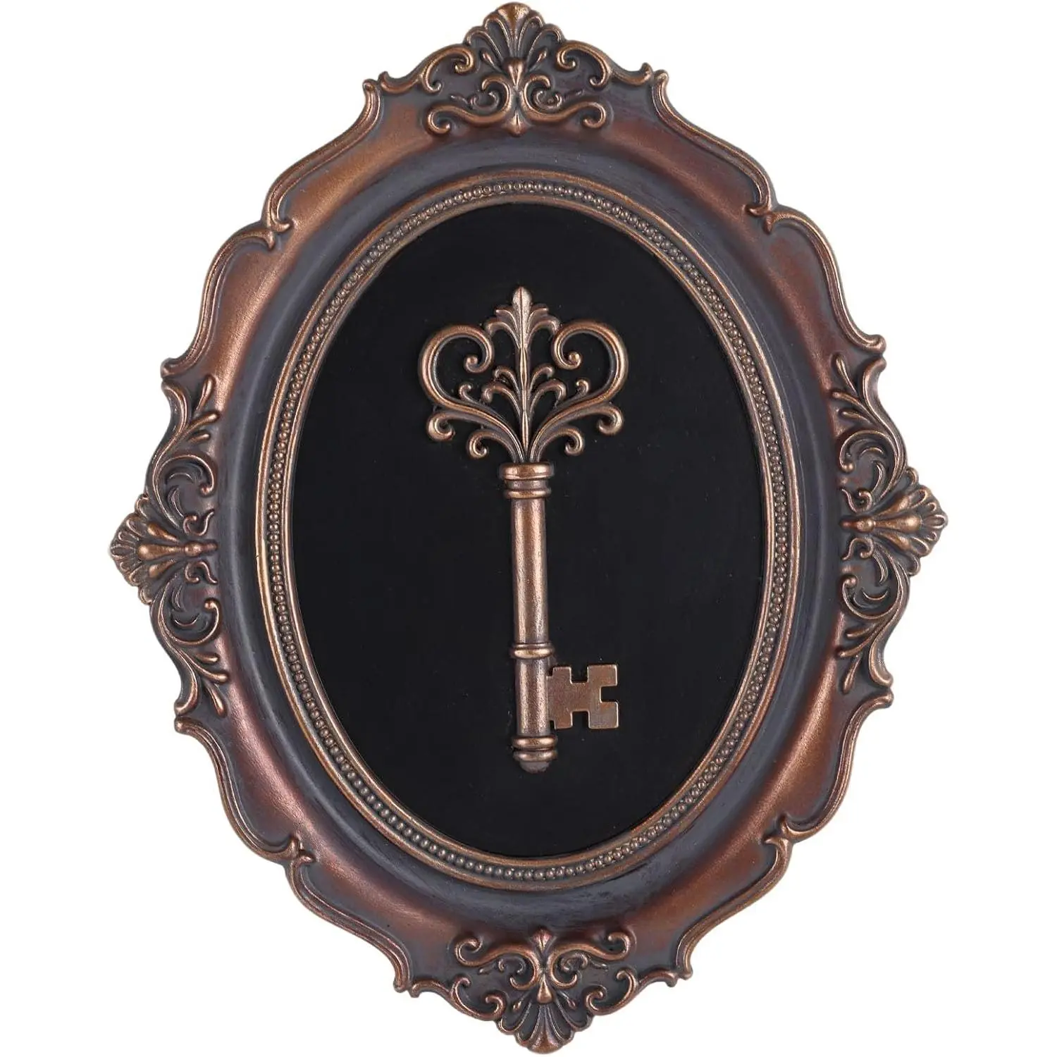 10" Oval Floral Vintage Wall Decor Art - Lightweight Antique Gold Resin Relief Sculpture, Victorian Framed Gothic Room Art, Old Money Accent Piece for Bedroom & Living Room, Ideal Gift (Key), 10 In, Framed Art
