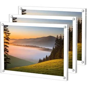 3 Pack 5x7  Wall Mount Picture Frame Self-adhesive, Clear No Drilling  Floating Frameless Photo Frames for Display Diploma  Certificate and Files