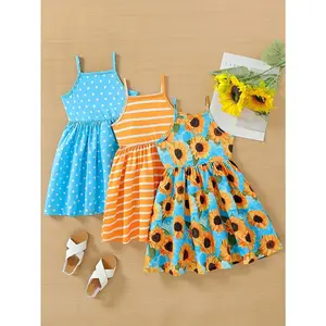 3-Pack Toddler Summer Dresses for Girls, Sleeveless with Fun Polka Dot, Stripes & Sunflower Patterns, Comfortable Flared A-Line Fit, Perfect for Play & Outdoor Fun, Ideal for 4-7 Year Olds