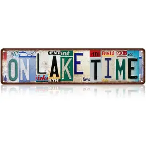 Vintage On Lake Time Wall Decor Street Signs Lakehouse Metal  Signs 16 x 4 Inches Address Plaque Personalized Plaque Room Home Decoration Home Decor Products