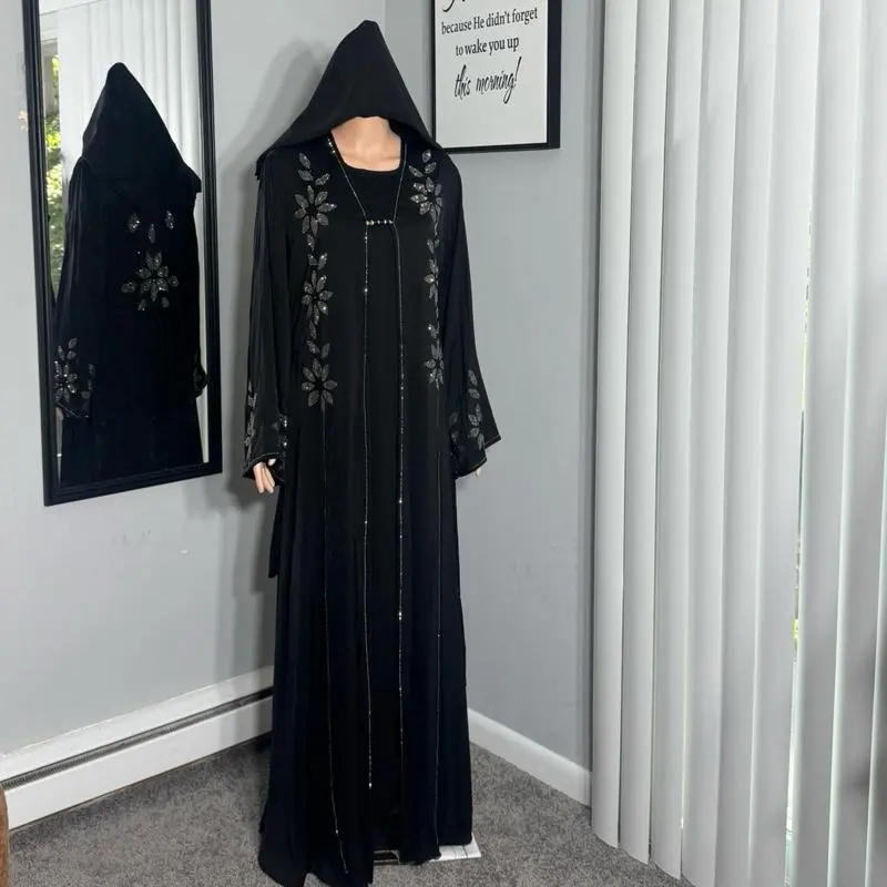 Women's Islamic 3-Piece Silk Abaya with Rhinestone Embroidery, Modest Fashion Inspo