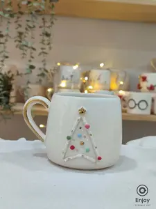 Star Trek Christmas Tree Mug – Handmade Ceramic Holiday Mug with Gold Handle