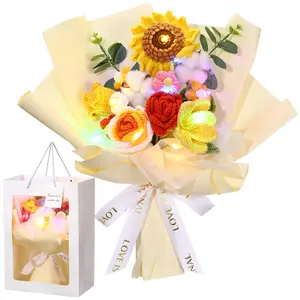 Crochet Flowers Bouquet Gift for Women Completed Handmade Knitted Flowers with LED Lights Rose Tulips Sunflower Bouquet for Mother's Day Birthday Graduation Wedding Home room decor flowers room decor flowers flower bouquet Ornaments Springtok