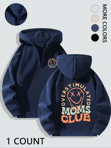 "Overstimulated Moms Club" Smiley Half-Zip Hoodie - Mom Style Casual Loose Thick Top