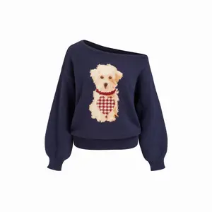 Cider Knit Asymmetrical Neck Puppy Pattern Top