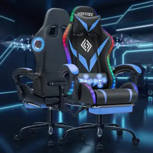 HOFFREE Gaming Chair Massage with Bluetooth Speakers and Led Lights Ergonomic Computer Gaming Chair with Footrest RGB Video Game Chair with High Back Lumbar Support Blue and Black