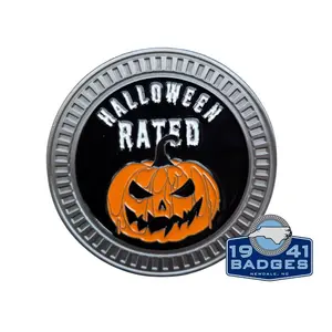 1941 Badges Halloween Rated Badge Spooky Pumpkin 2.5 Inch Stainless Steel UV Protected USA Made Emblem for Unique Rides