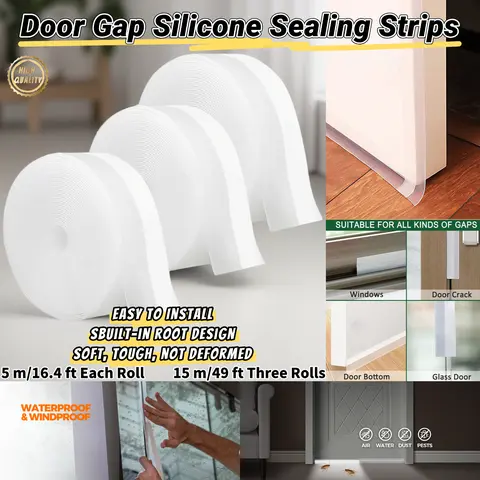 High Quality Silicone Door Gap Sealing Strips - Self-Adhesive Weather Stripping with Resilience, Durability, Flexibility, Cuttable Size, 16.4ft Length, Eco-Friendly, Long Lasting Adhesion, Noise Reduction for Door Frames, Windows (Family Use)