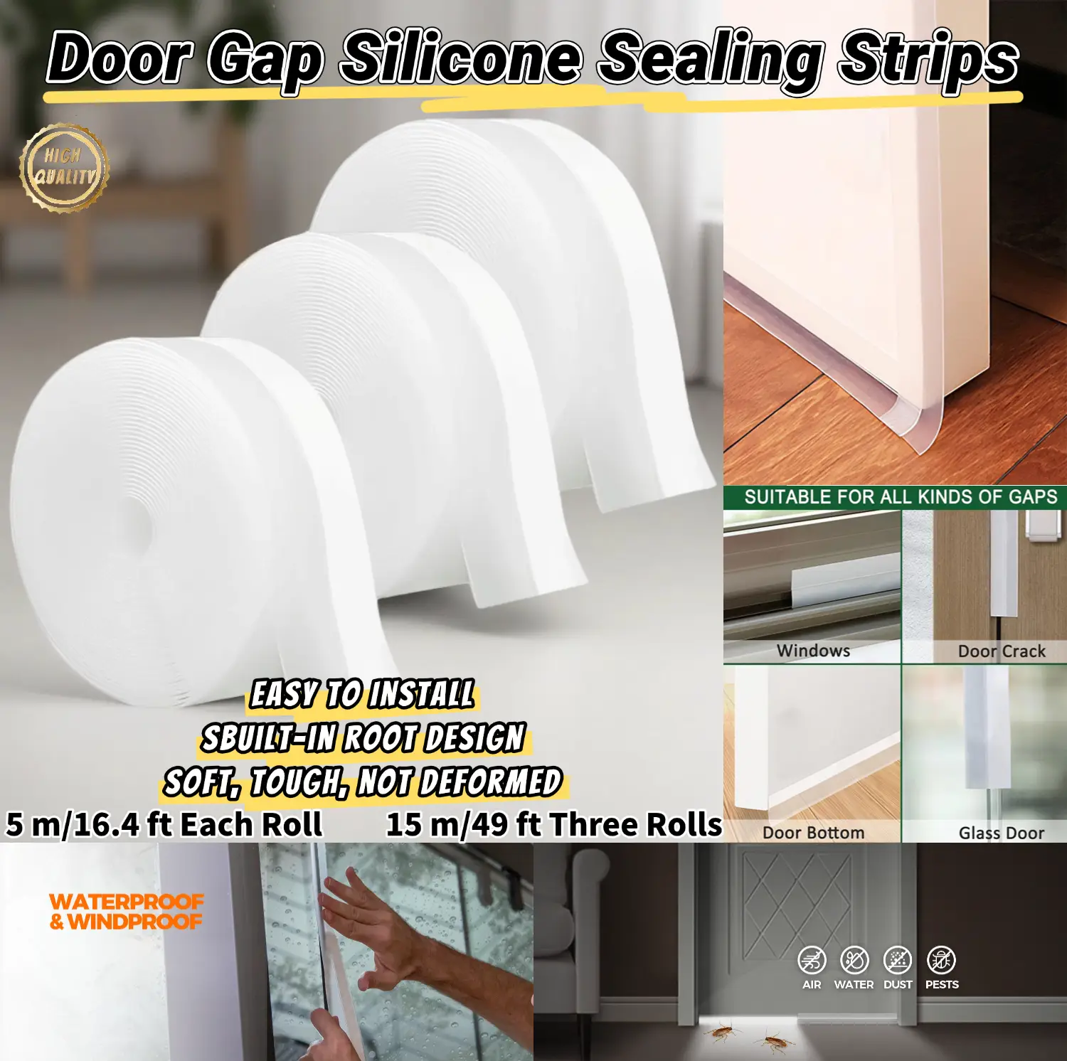 Door Gap Silicone Sealing Strips, Weather Stripping Seal Door Tape, Shower Door trip Bottom Draft Stopper, Self Adhesive Under Door Draft Stopper Tape