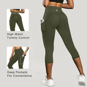 Women's High Waist Tummy Control Capris Leggings with Pockets Running Pilates Fitness Pants 9014FM