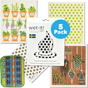 Wet-it! Swedish Sponge Cleaning Cloth Herb Set 4 Pack with Bonus Skrubba Cotton Glass - Absorbent, Reusable, Eco-Friendly Household Towels
