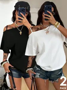Women's Spring Summer 2-Piece Casual Basic Loose Fit Shoulder Cut Out T-Shirt, Classic Color, Batwing Sleeve Design