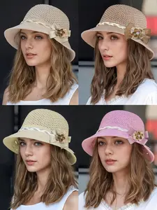 1pc Women's Fashionable Floral Decoration Elegant Knitted Wide Brim Straw Hat, Suitable For Spring/Summer Outdoor, Beach, Travel, Vacation, Sun Protection, Breathable Material, Hollow-Out, Versatile Use, Petite Look Hats For Women