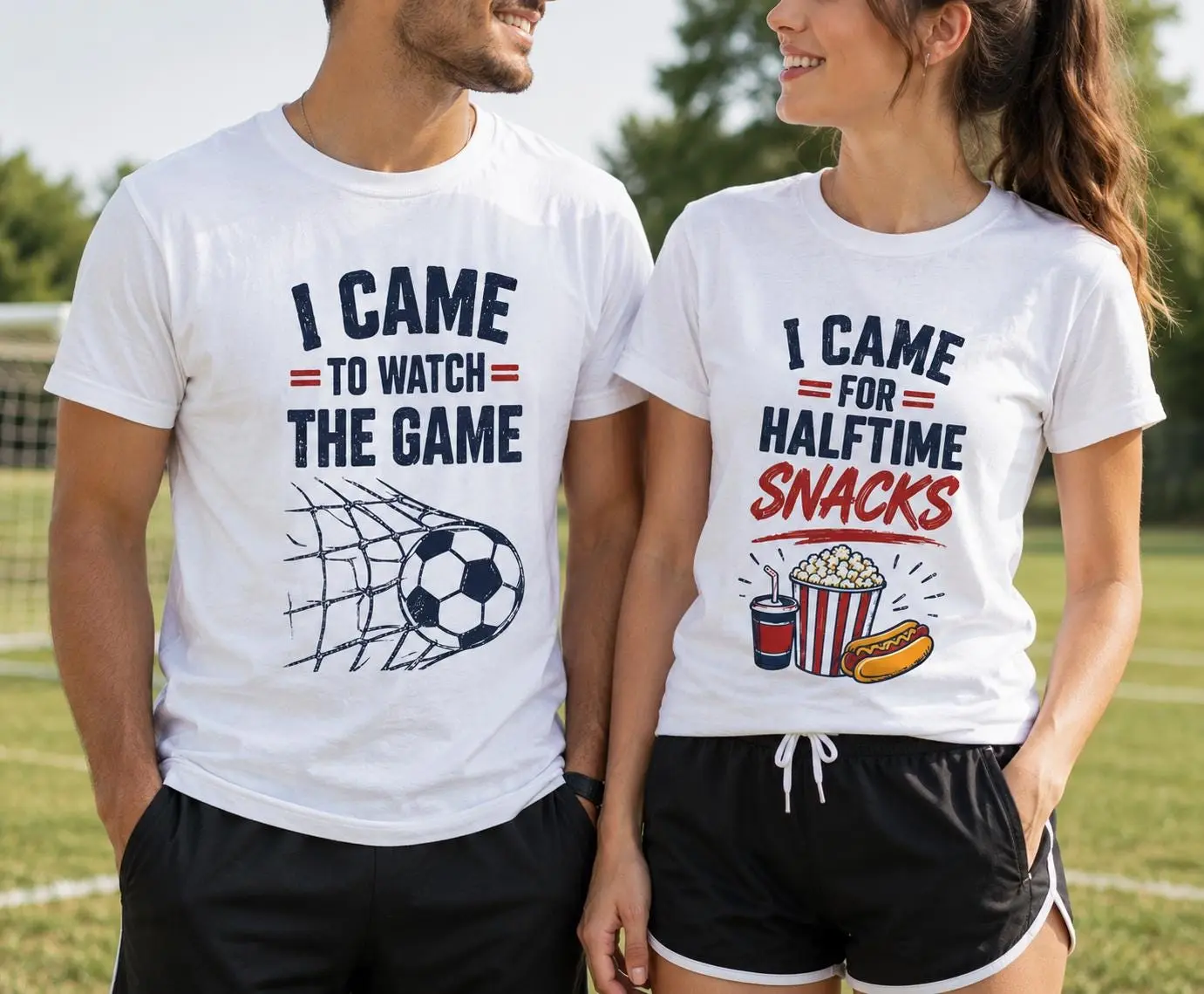 Funny Soccer Matching Couple Shirts | Viral Game Day Outfit for Men & Women | I Came to Watch The Game & Snacks Tee | Soccer Fan Shirt, Stadium Outfit, Sports Lover Gift, His and Hers Duo Tee, Football Match Day Couple Shirt