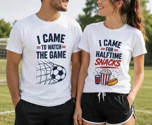 Funny Soccer Matching Couple Shirts | Viral Game Day Outfit for Men & Women | I Came to Watch The Game & Snacks Tee | Soccer Fan Shirt, Stadium Outfit, Sports Lover Gift, His and Hers Duo Tee, Football Match Day Couple Shirt