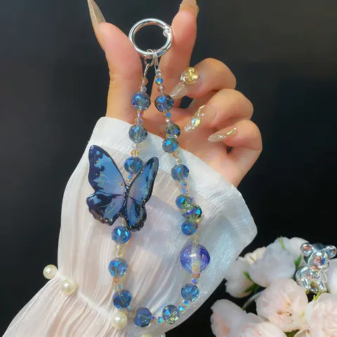 Glitter Butterfly Crystal Phone Chain - Bling Bead Detail Cute Phone Accessory with Butterfly Shine, Crystal Beads Wrist Strap for iPhone Users, Samsung Smartphones, Keys