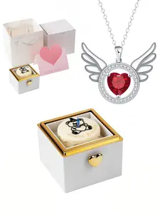Wing Heart Red Diamond · Passionate Love Original minimalist angel wing necklace, luxury gem pendant.With surprise magic birthday cake bear jewelry gift box.Perfect mysterious gift for festivals, Valentine's Day and birthdays.