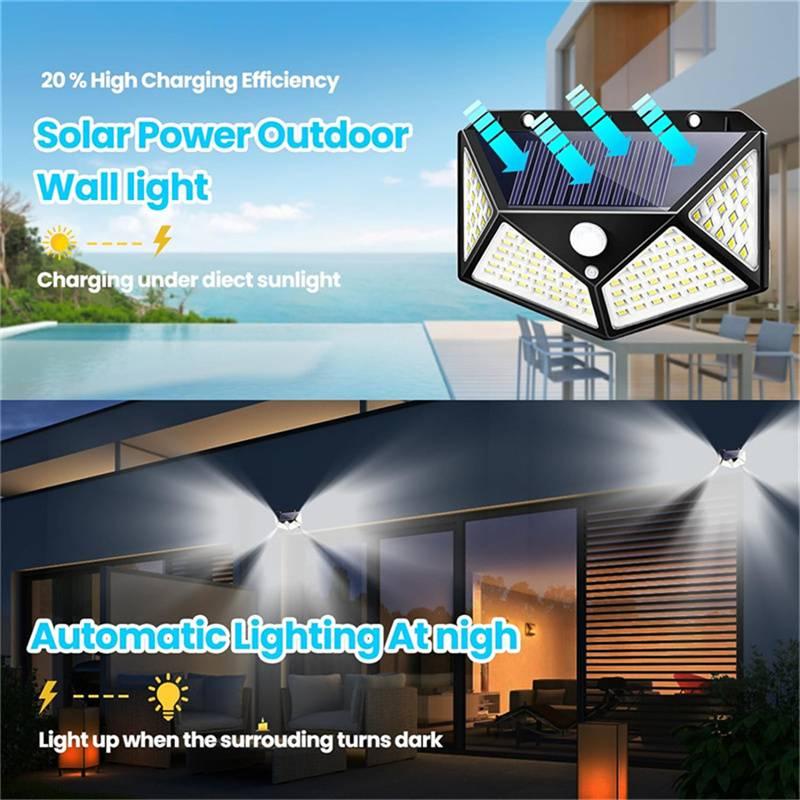100LED Solar Wall Light Bright Solar Powered Motion Sensor Wall Lights, Waterproof, 3 Mode Sensor Smart Security For Balcony, Patio, Stairs, Garden, Facade