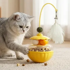 Interactive Wobble Cat Toy with Feather Teaser, Ball Track and Catnip Ball, Multi-Function Self Play Cat Toy for Indoor Cats, Treat Dispensing Cat Toy Option, Kitten Exercise Toy with Weighted Base and Replacement Feather Heads