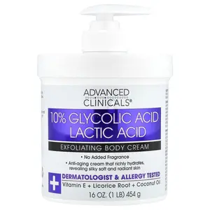 Advanced Clinicals 10% Glycolic Acid, Lactic Acid, Exfoliating Body Cream, 16 oz (454 g) Advanced Clinicals 10% Glycolic Acid, Lactic Acid, Exfoliating Body Cream, 16 oz (454 g)