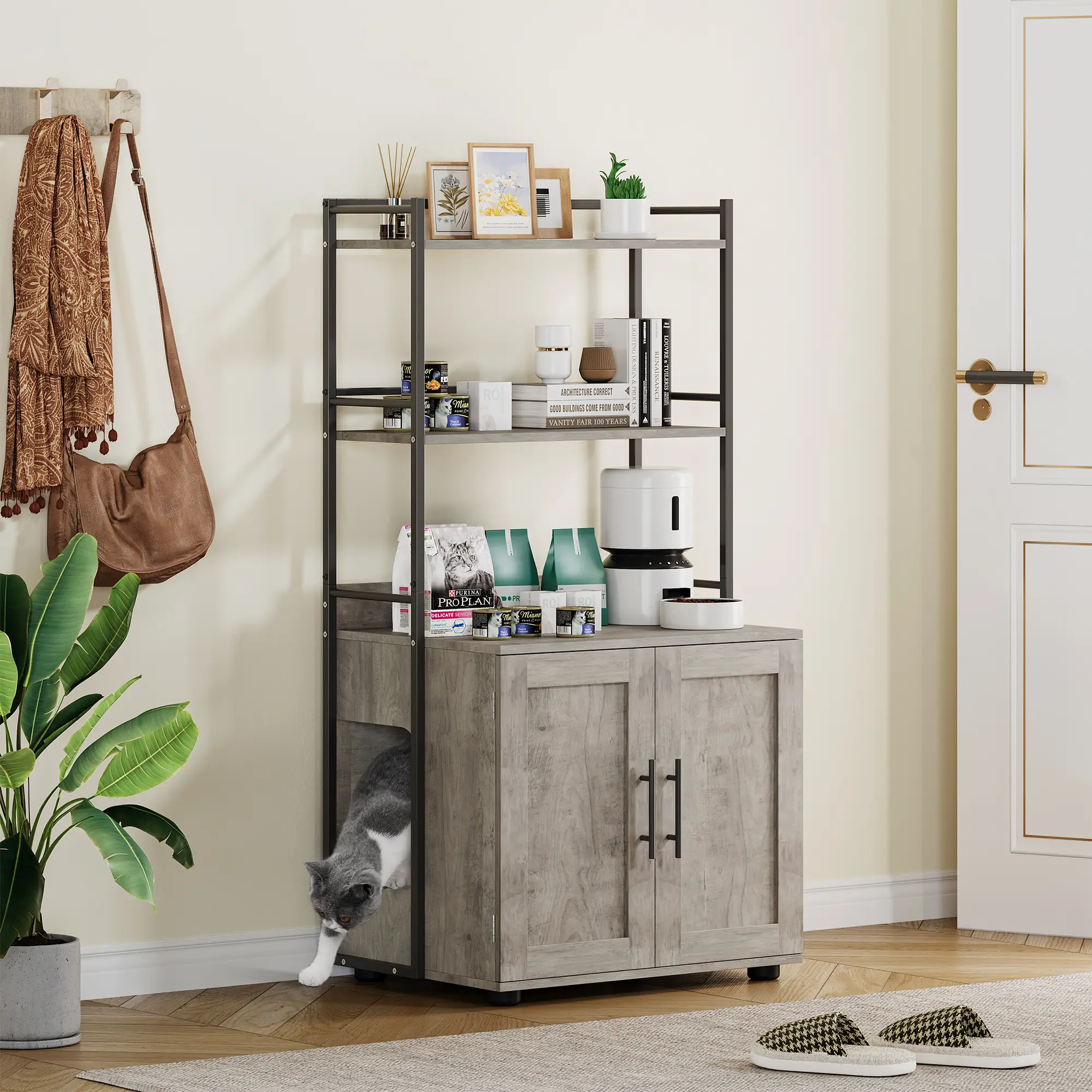 Modern Hidden Cat Litter Box Enclosure, Wooden Cat Washroom Cabinet with 2-Tier Storage Shelves – Privacy Design for Odor Control, Suitable for Living Room/Entryway/Balcony