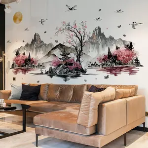 Chinese Style Wall Sticker, Mountain & Tree Pattern Wall Decal, Wall Art Decorative Sticker for Home Living Room Bedroom, Ornaments