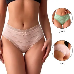 Women's Seamless Cotton Briefs, Breathable Mid-Waist Cheeky Underwear Panties, Casual Plain Design,Lace thin face Available in Packs of 4/8/16 Pieces
