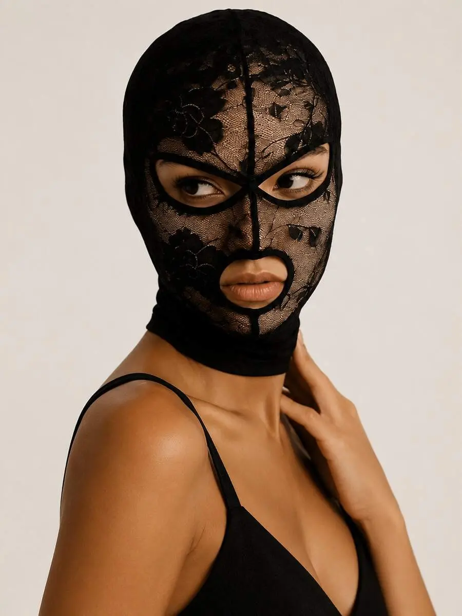 Women's Black Floral Lace Balaclava Face Mask, Sheer Mesh Full Face Hood, Gothic Halloween Mask, Y2K Floral Ski Mask, Hollow Out Costume Accessory for Halloween Party, Nightclub, Cosplay & Streetwear