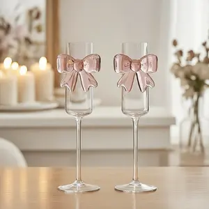 Pink Bow Champagne Glass Set (2pcs)  Cute Romantic Valentine’s Wine Glasses Aesthetic High Borosilicate Drinkware
