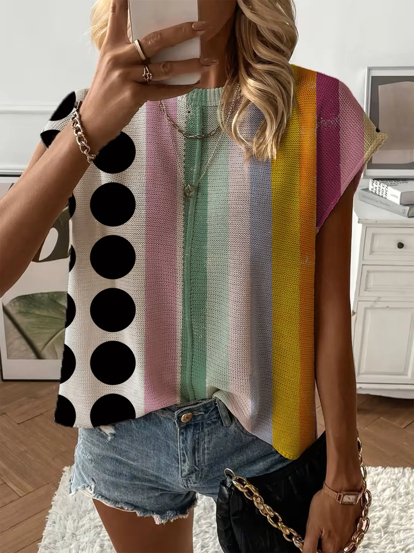 Summer Round Neck Short Sleeve Knit Top Blouse Shirt, Loose Fit Geometric Print, Casual Elegant Commuter, Bikini Cover-Up, Casual Daily Tops, Women's Fashion, Womenswear