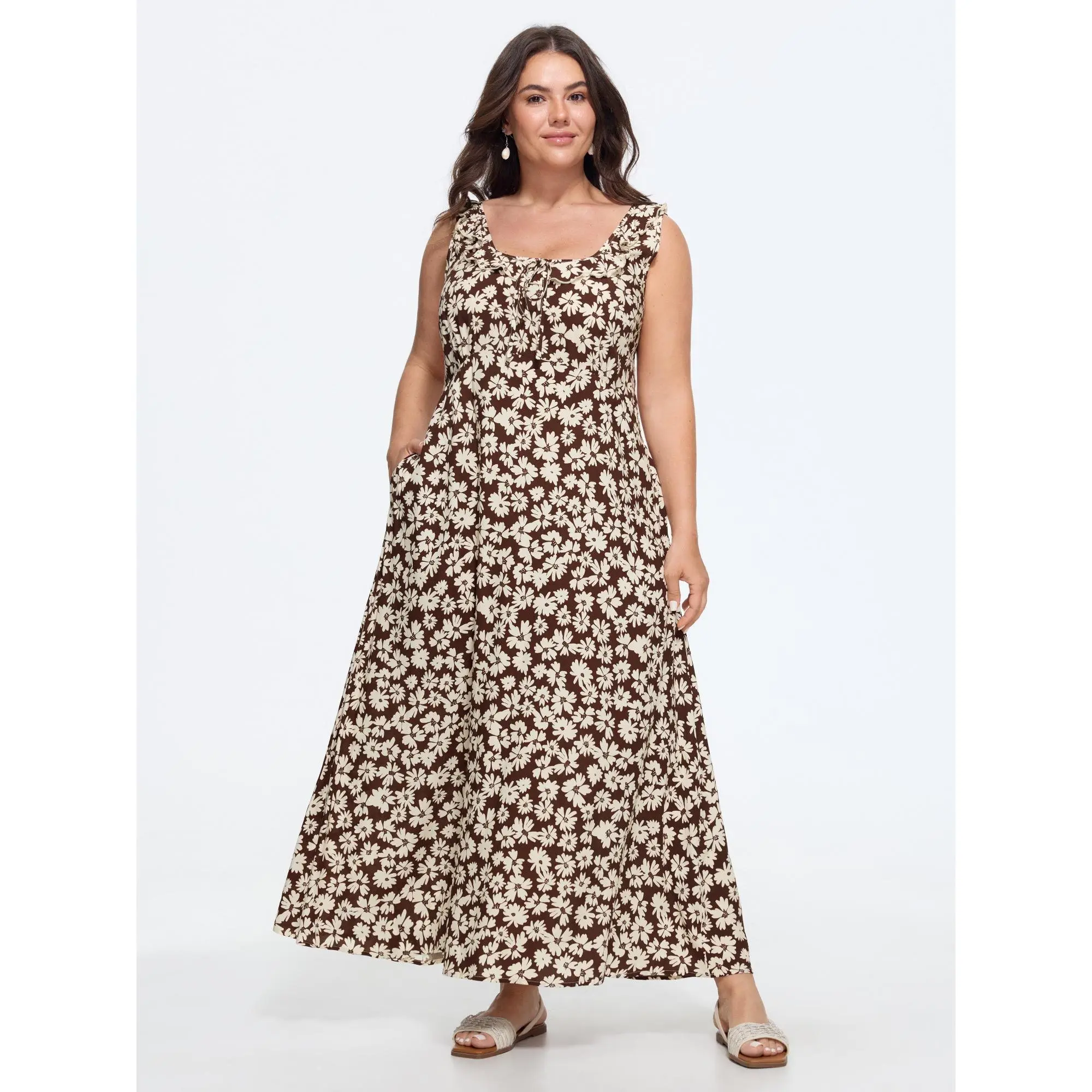 BloomChic Women's Plus Size Casual Floral Maxi Dress, Supersoft Rayon Sleeveless with Ruffle Tie Neck and Hidden Pocket, Smooth, Garment