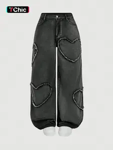 Women's Trendy New Patchwork Heart Denim Jeans, Elastic Comfortable Fitted Wide Leg Jeans, Casual Long Jeans for All Seasons