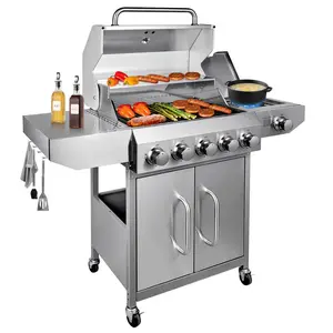 【Summer Vibes】 Bestfire 68,000 BTU Propane Gas Grill – 5 Burners + Side Burner, Stainless Steel, Porcelain Cast Iron Grates, Patio Cart for Backyard BBQ