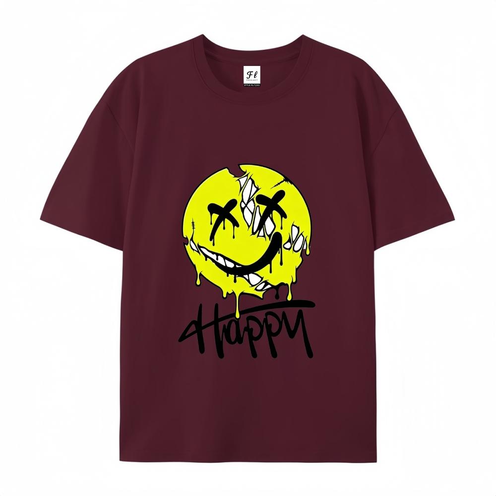OveHappy Dripping Smiley Print T-Shirt Men Women rsized Casual Streetwear Short Sleeve Tops