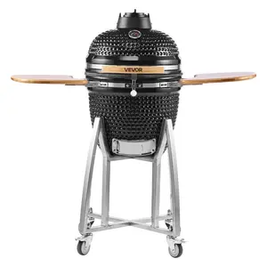 VEVOR Charcoal Smoker and Grill, 18 Kamado Charcoal BBQ Smoker, Movable Ceramic Barbecue Grill with 4 Wheels (2 Lockable), Built-in Thermometer, Air Vents Side Shelf for Outdoor Patio Yard Cooking