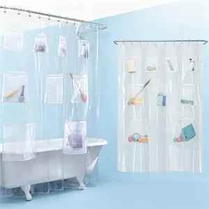 PEVA Shower Curtain Liner with 9 Storage Pockets, 70 x 72 Inch, Waterproof Bathroom Shower Curtain Organizer, Clear Shower Liner for Extra Storage, Rustproof Grommets, Space-Saving Design