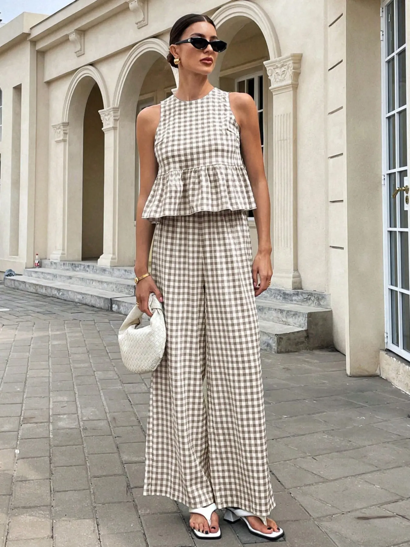 Women's Sleeveless Ruffle Top & High Waist Wide Leg Pants Set, Suits, Fit, Casual Chic French Style, Breathable Plaid Fabric, Multi-Color Options, Feminine, Womenswear