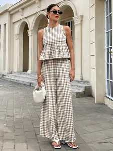 Women's Sleeveless Ruffle Top & High Waist Wide Leg Pants Set, Casual Chic French Style, Breathable Plaid Fabric, Multi-Color Options, Womenswear