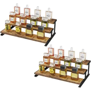 Live Only | Lifewit 2-Pack 14-Inch 3-Tier Wooden Display Riser with Metal Holder, Home Organizer for Perfume, Cosmetics, Easy-Install Storage Rack Unit